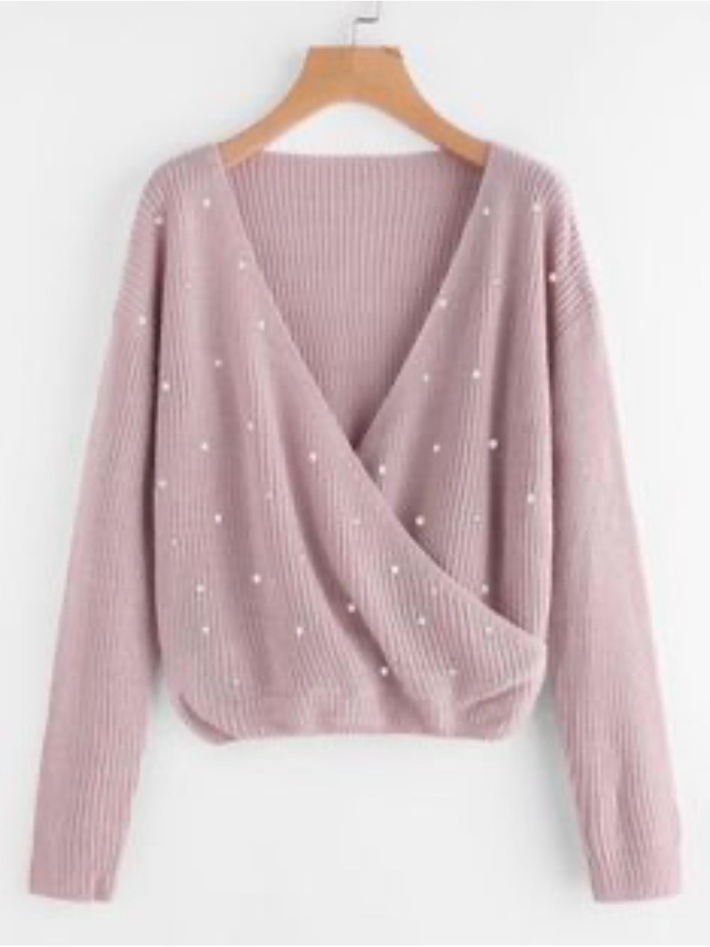 Shein Women's Pink Faux Pearl Wrap Sweater